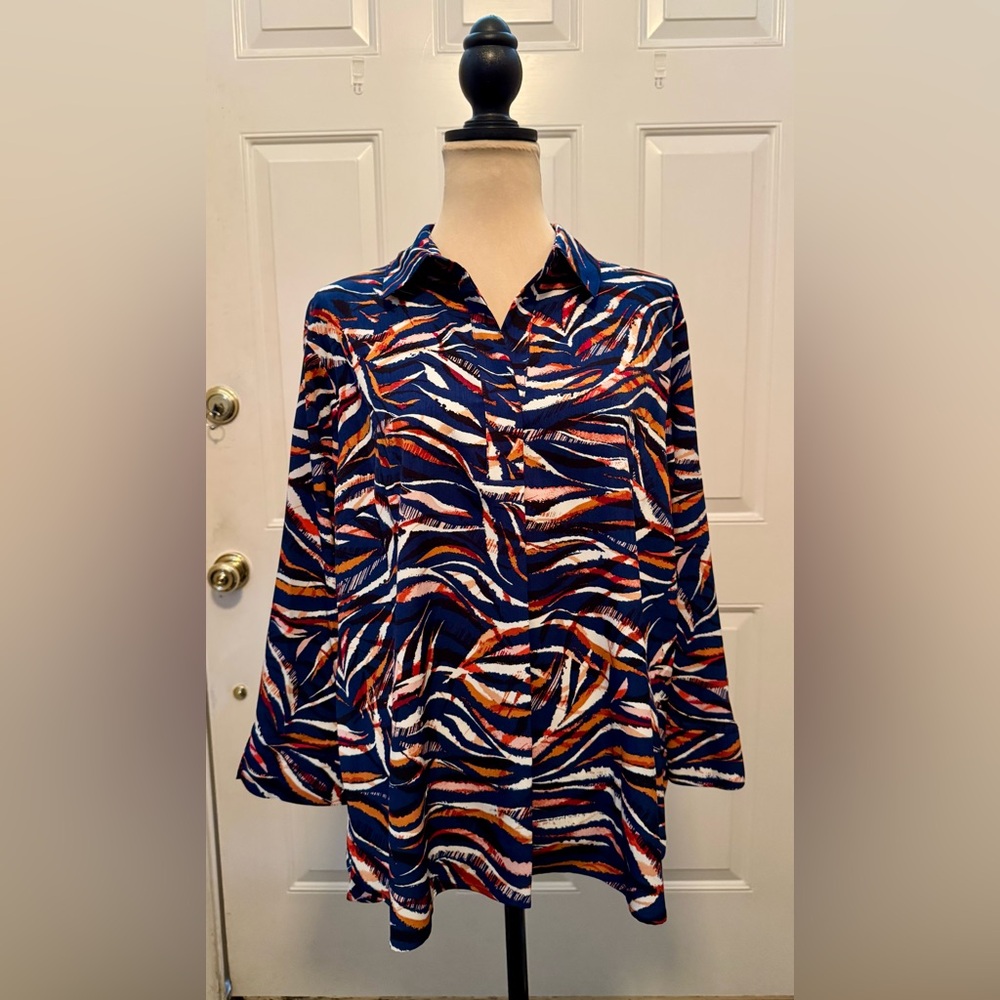 Investments Paige Tiger Stripe Blue, Orange & White Blouse, Petite XL, NWTS